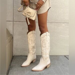 Dolce Vita Shiren Fashion Boots White Tall Heeled Leather Sand Nubuck Size 9